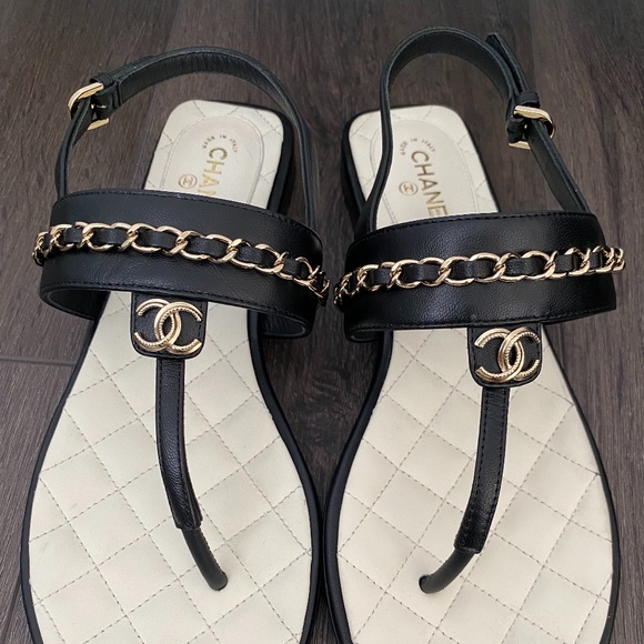 2023 CHANEL CC LOGO BLACK THONG LEATHER FLAT SHOES SANDALS 37 - Picture 10 of 16